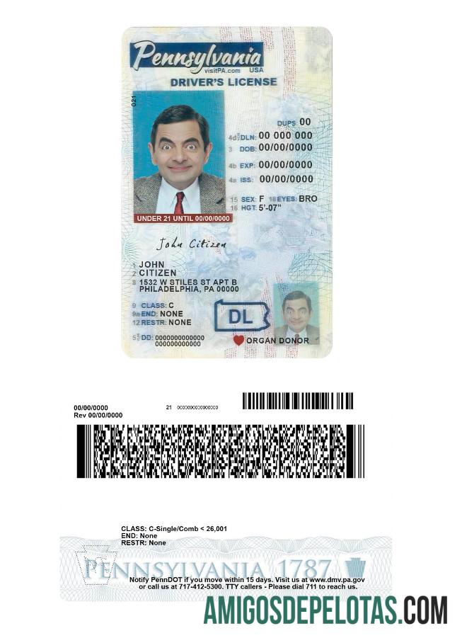 Carteira de habilitação dos EUA na Pensilvânia para menores de 21 anos exemplo